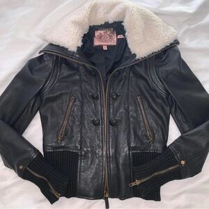 Juicy Couture Leather Bomber Jacket with Sherpa Collar